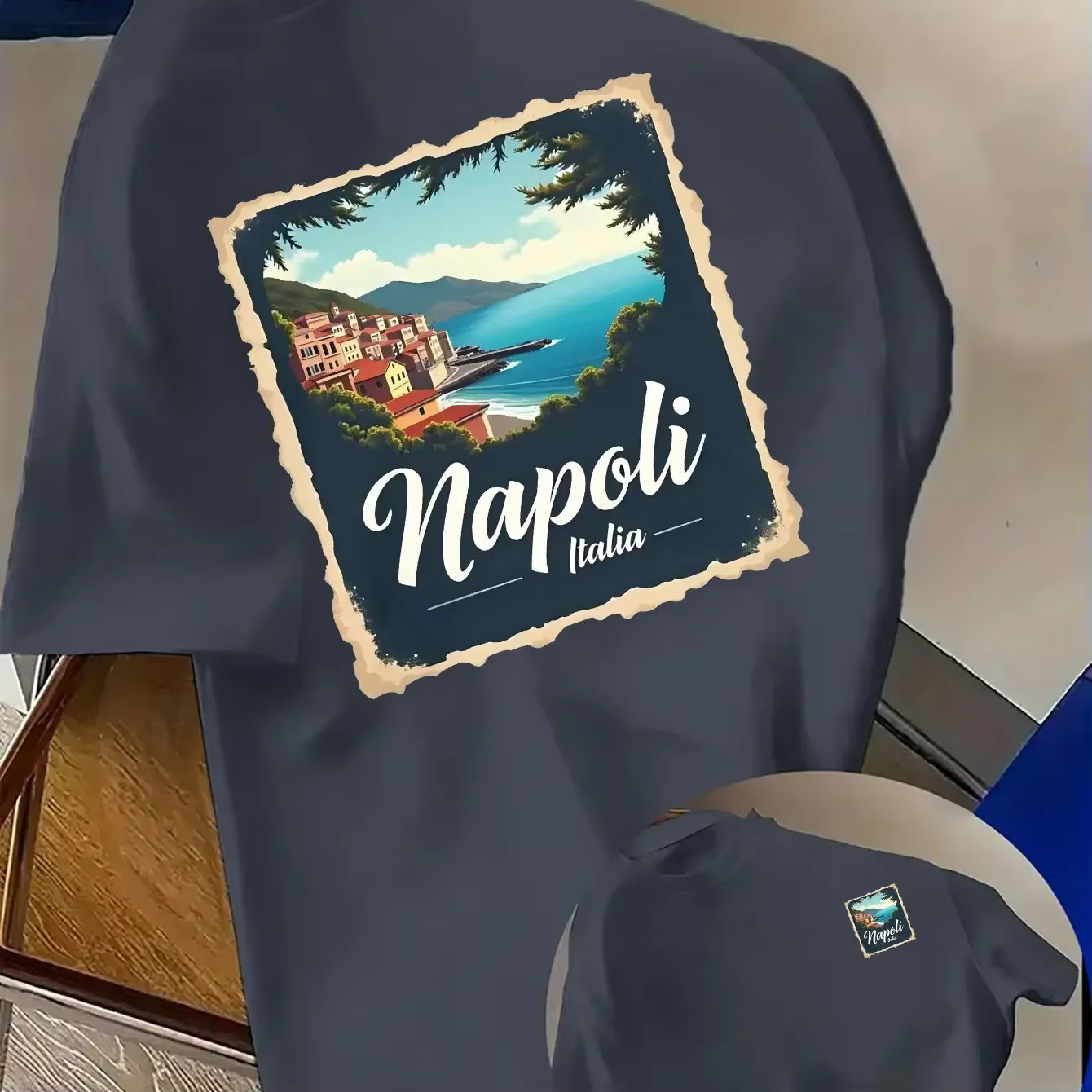 T-shirt pour homme en coton 100% avec imprimé paysage côtier italien