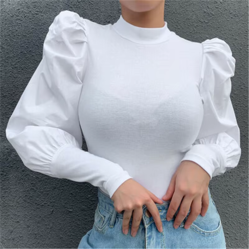 T-shirt à manches longues bouffantes à volants pour femmes