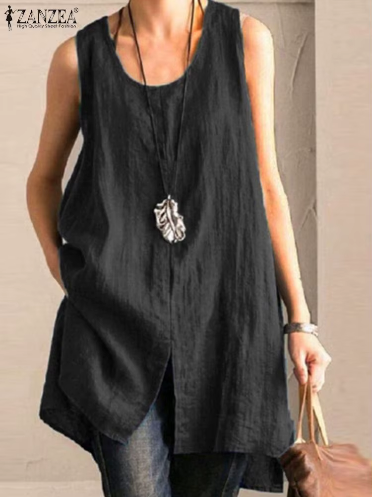 Vintage solide débardeurs hauts ample plage Blusas coton Camis tunique ZANZEA femmes sans manches Blouse été Chemise