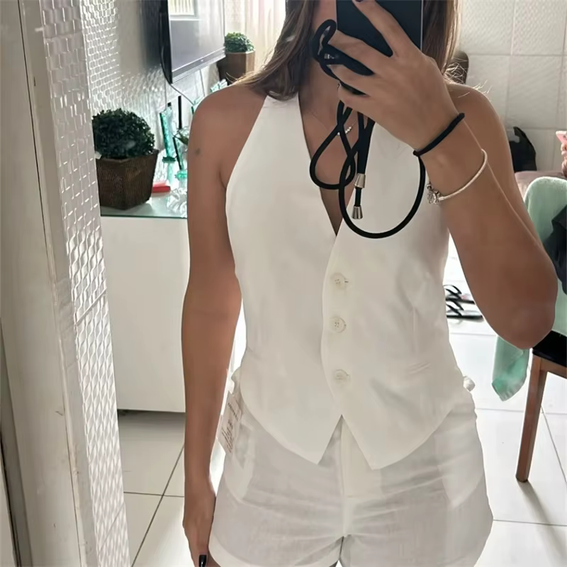 MUJER noir blanc gilet sans manches femmes épaules nues recadrée gilets