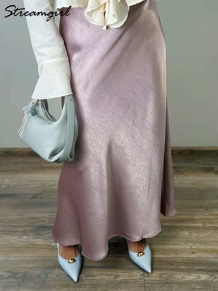 Streamgirl rose soie jupes pour femmes Midi bleu clair jupe Satin haute qualité luxe