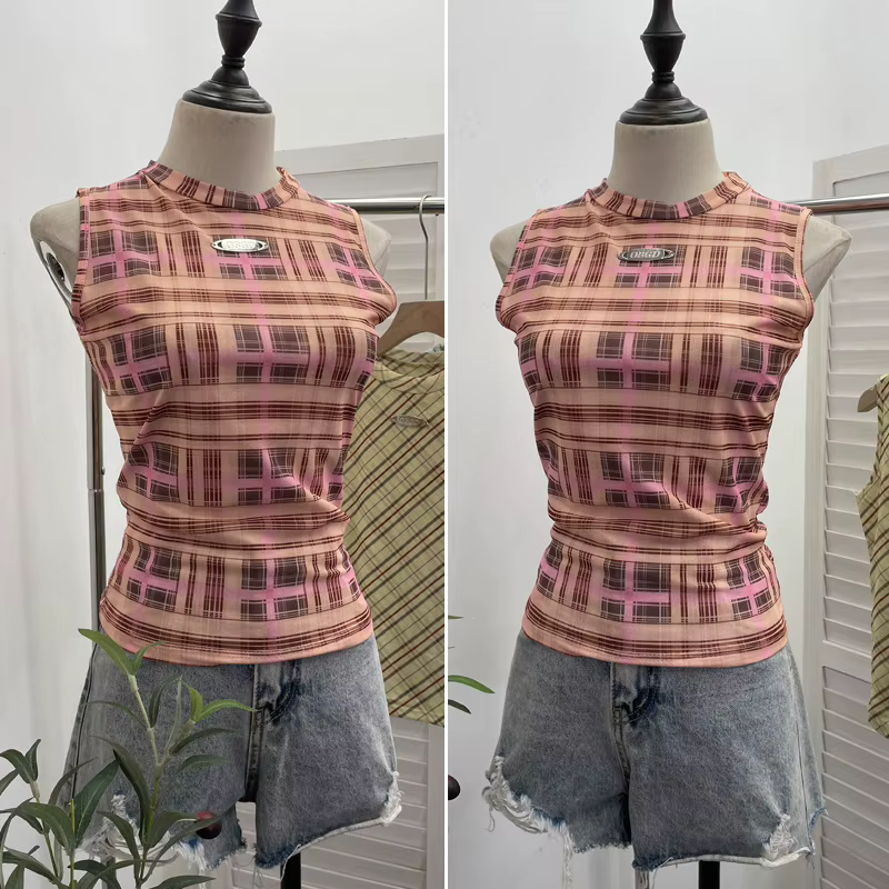 ISAROSE Vintage débardeurs pour femmes été sans manches Plaid maille extensible Double couches col rond mince hauts courts vêtements de sport
