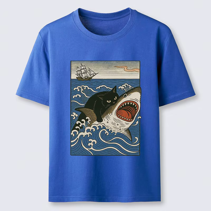 T-shirt classique à manches courtes et col rond en pur coton pour homme, motif requin chasseur de chats, style sportif Harajuku chic, coupe oversize, idéal pour l'été