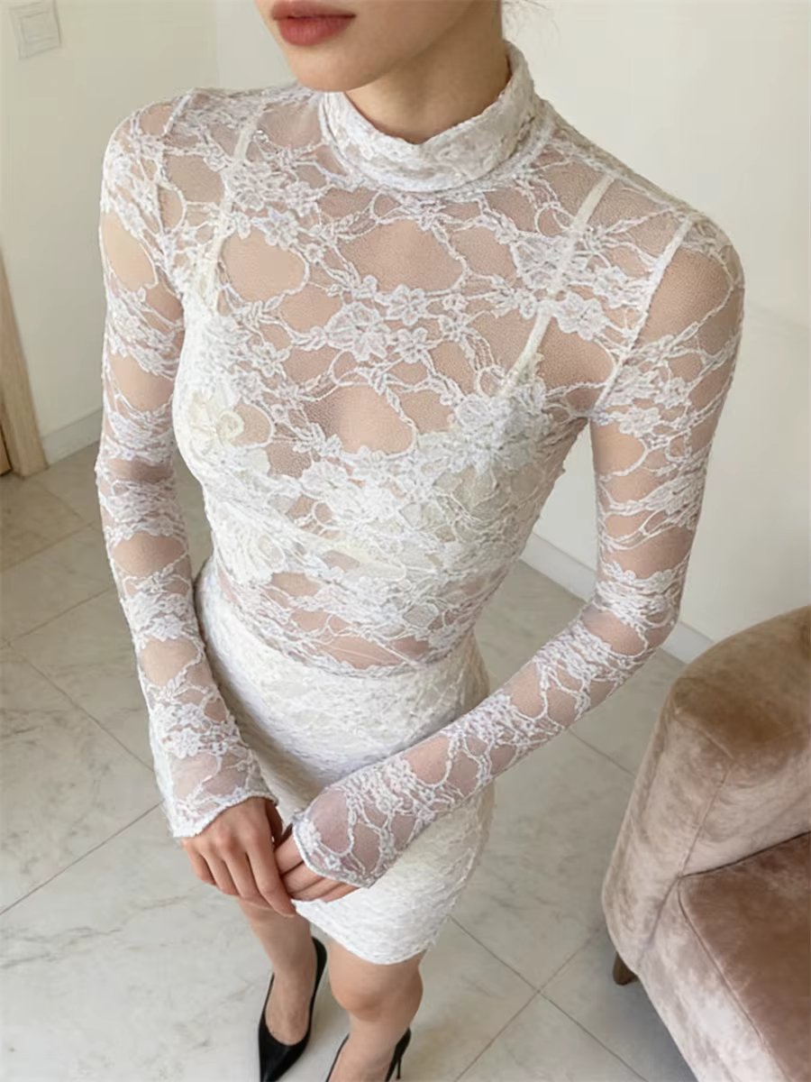 T-shirt à manches longues en dentelle florale pour femmes