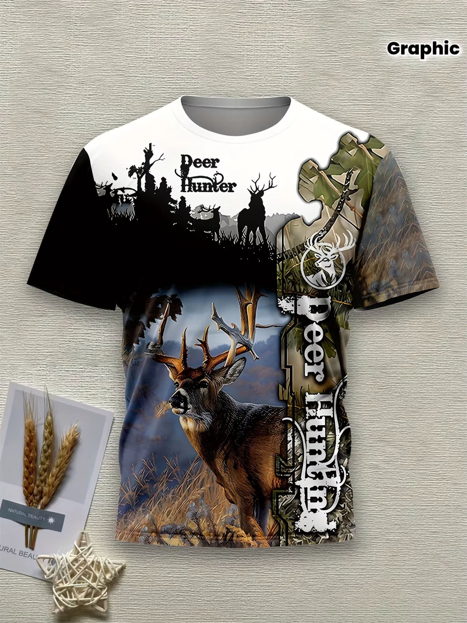 T-shirt décontracté pour homme à imprimé 3D cerf, col rond, manches courtes, style camouflage, motif graphique, hauts de mode pour l'extérieur