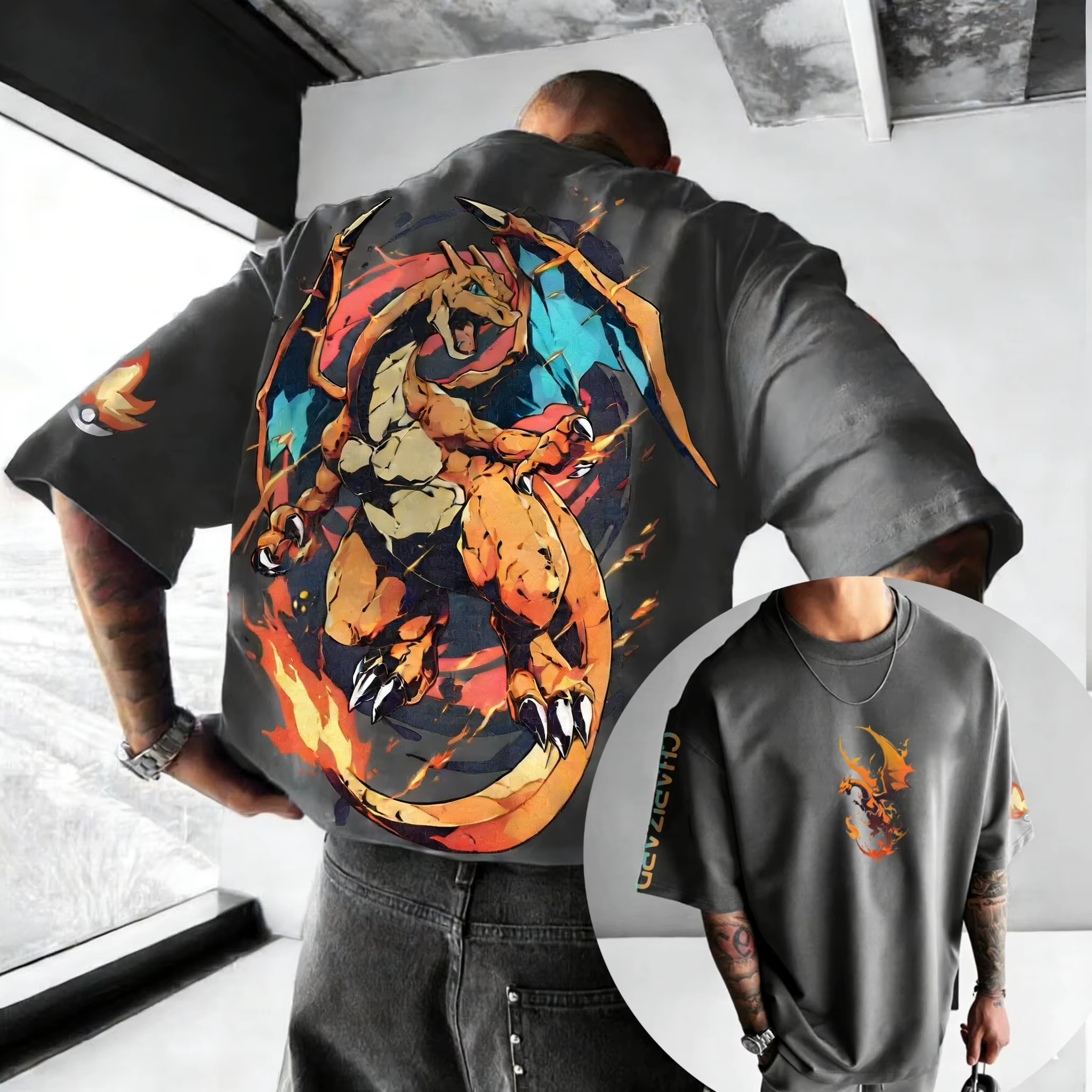 Nouveau T-shirt en coton Pokémon avec impression avant Charizard