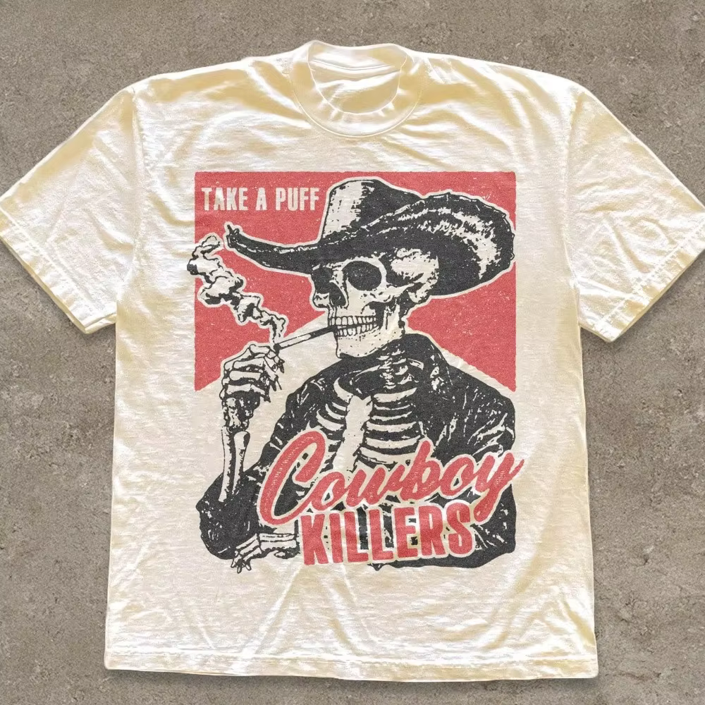 T-shirt Cowboy Tueur avec Crâne Fumant