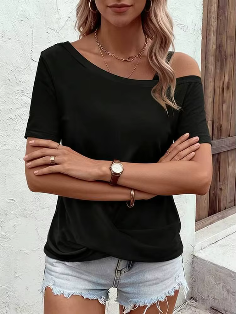 T-shirt femme noir printemps-été à une épaule