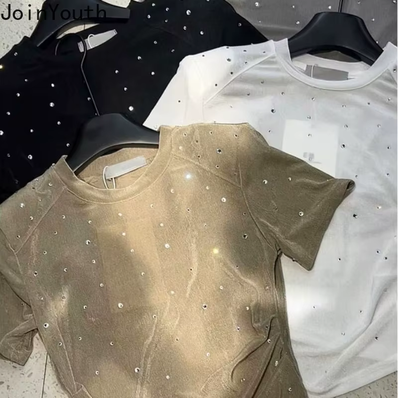 2025 Ropa Mujer t-shirts pour femmes blanc paillettes diamant culture hauts col rond tunique à manches courtes