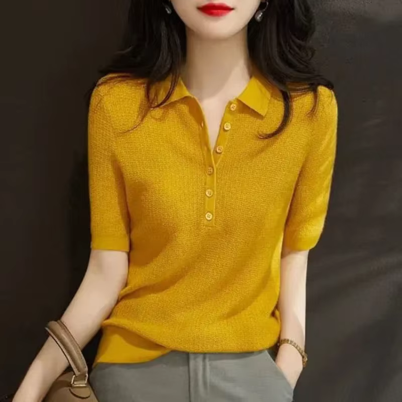 Chemise à col Polo pour femmes bouton uni femme T Slim vêtements