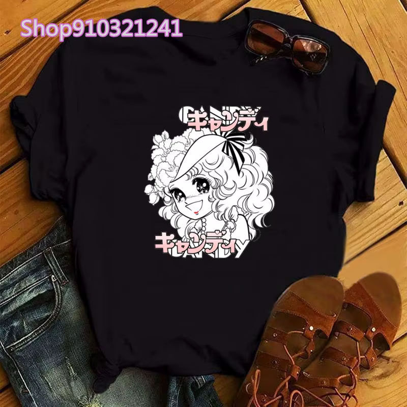 Kawaii Anime bonbons T-shirt femmes été à manches courtes mignon noir