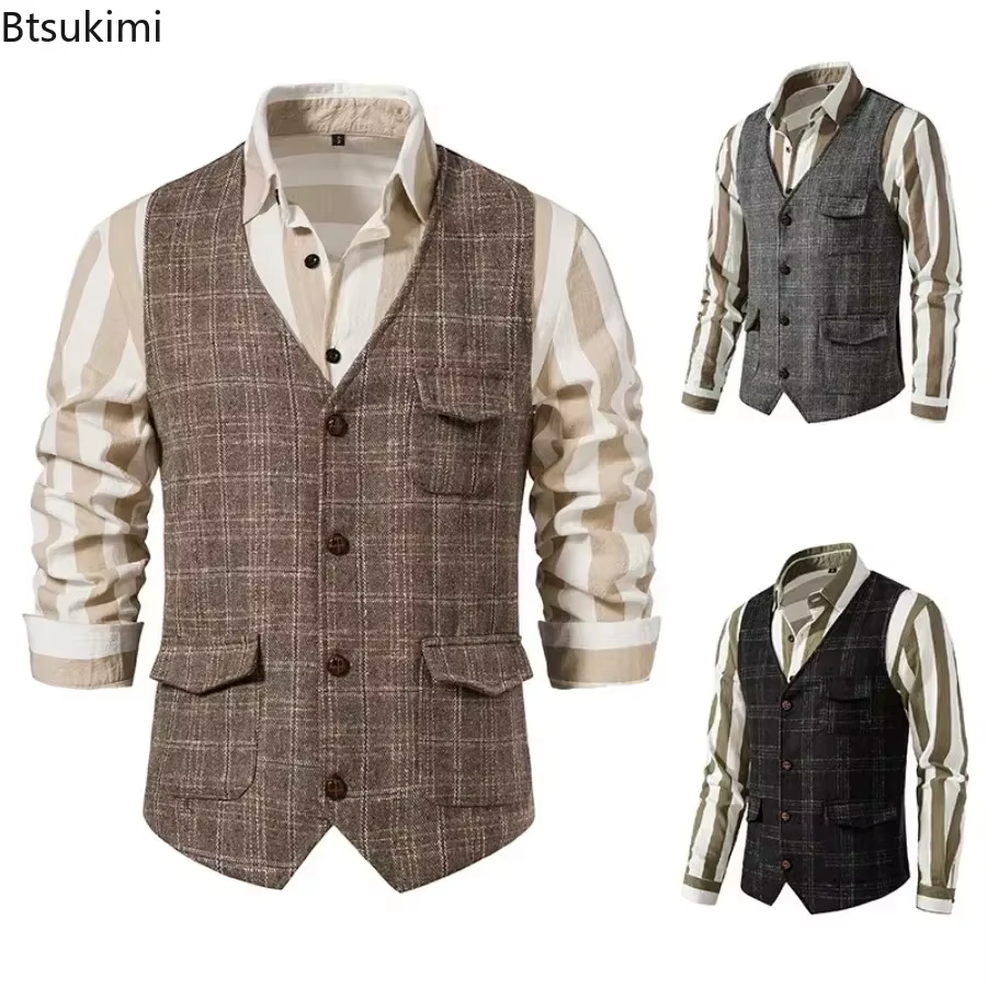 Gilet en Tweed à carreaux pour hommes, Vintage, simple boutonnage, haut de costume de Style anglais, décontracté, pour fête d'affaires, 2026
