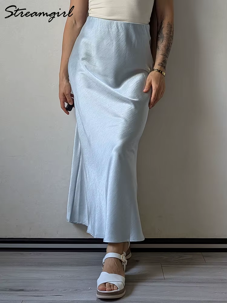 Streamgirl rose soie jupes pour femmes Midi bleu clair jupe Satin haute qualité luxe