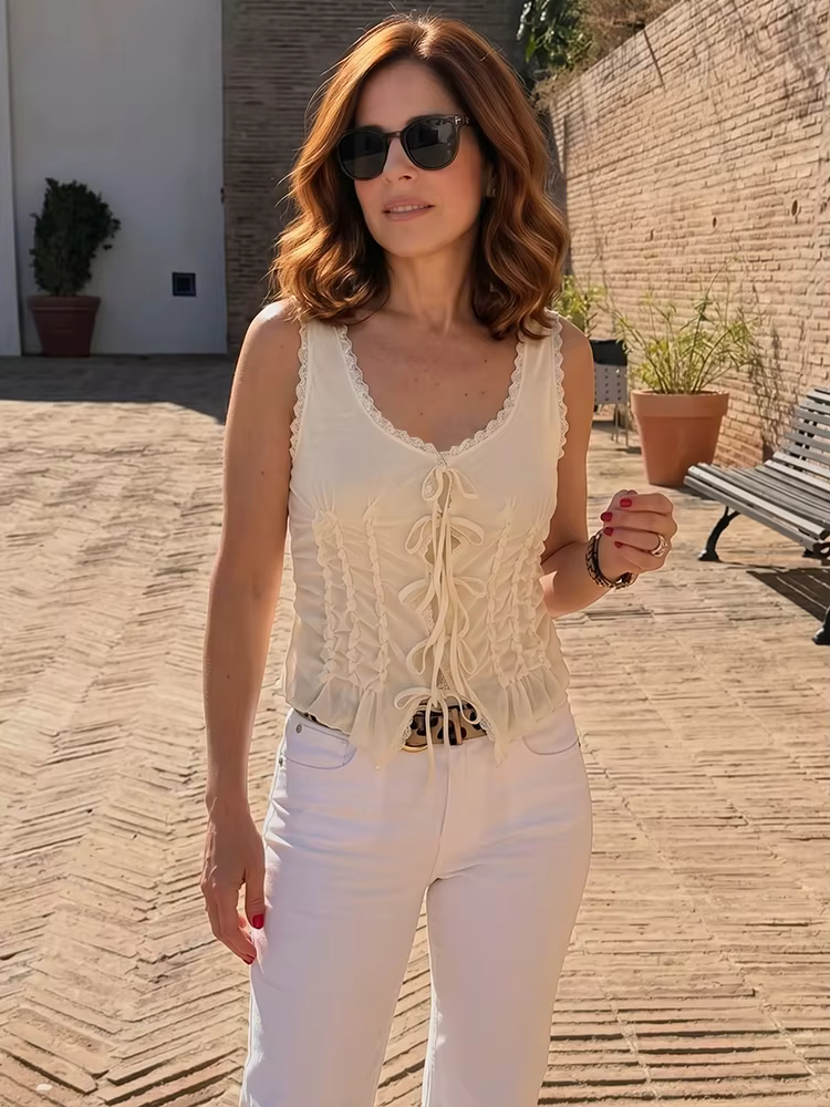 Débardeur Corset en Chiffon Plissé à Bretelles et Dentelle Style Français HH pour Femme
