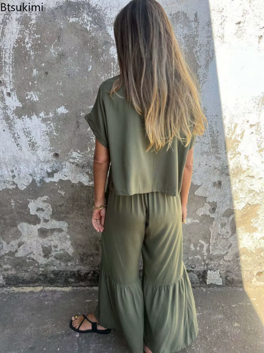 Nouveaux ensembles 2 pièces pour femmes : T-shirts amples à manches courtes et pantalons longs à volants