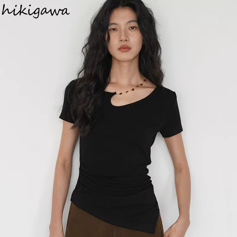 T-shirts Femme Noire 2026 – Tunique à Manches Courtes en Coton Y2K – Hauts Décontractés et Sexy pour l'Été – Style Coréen – Camisetas