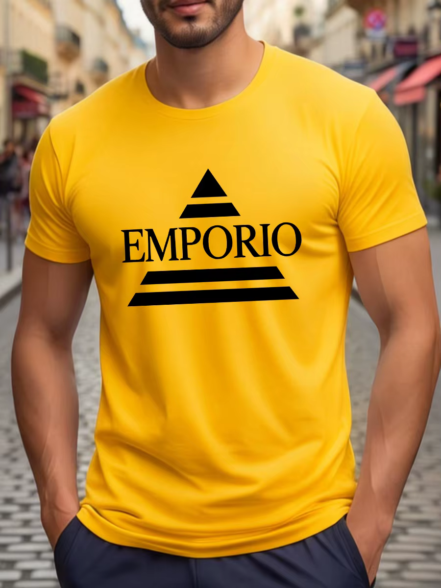 T-shirt blanc à col rond et manches courtes avec triangle noir et impression de lettres « EMPORIO »