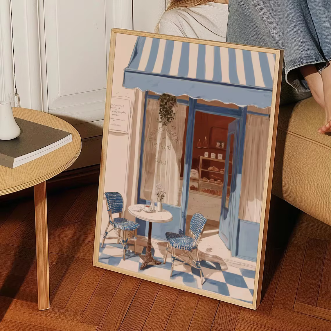 Décoration murale style bistrot français bleu et blanc - Charmant art de rue parisien pour accentuer la cuisine