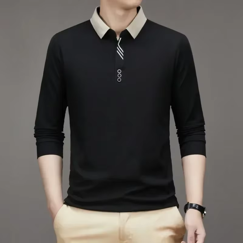 T-shirt gaufré à manches longues et col rabattu pour hommes