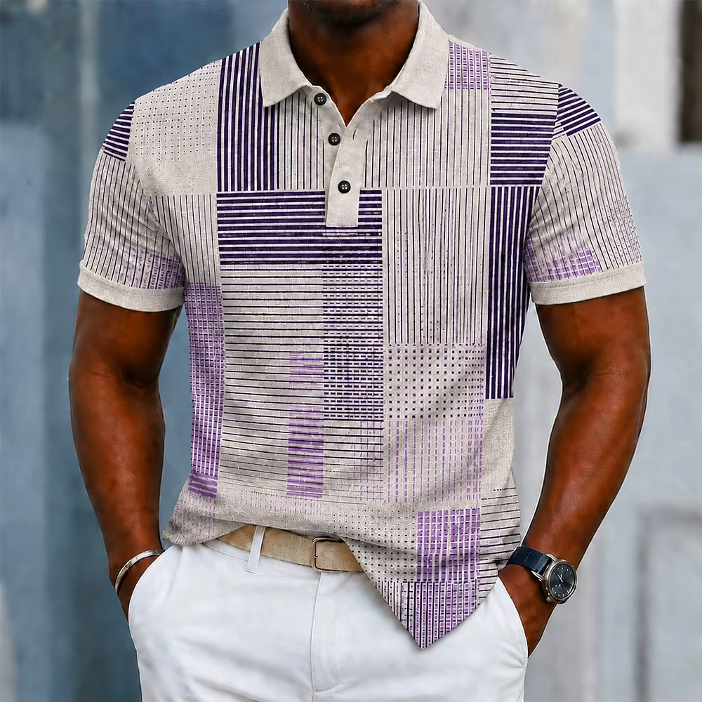 Polo pour homme beige à rayures géométriques