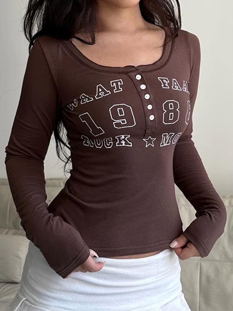 T-shirt noir femmes automne lettre imprimer Streetwear manches longues col rond moulante haut sexy bouton mode décontracté mince t-shirts femme