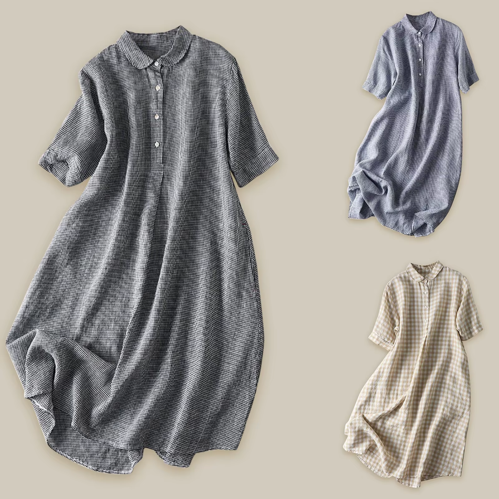 Robe longue à carreaux en lin pour femmes
