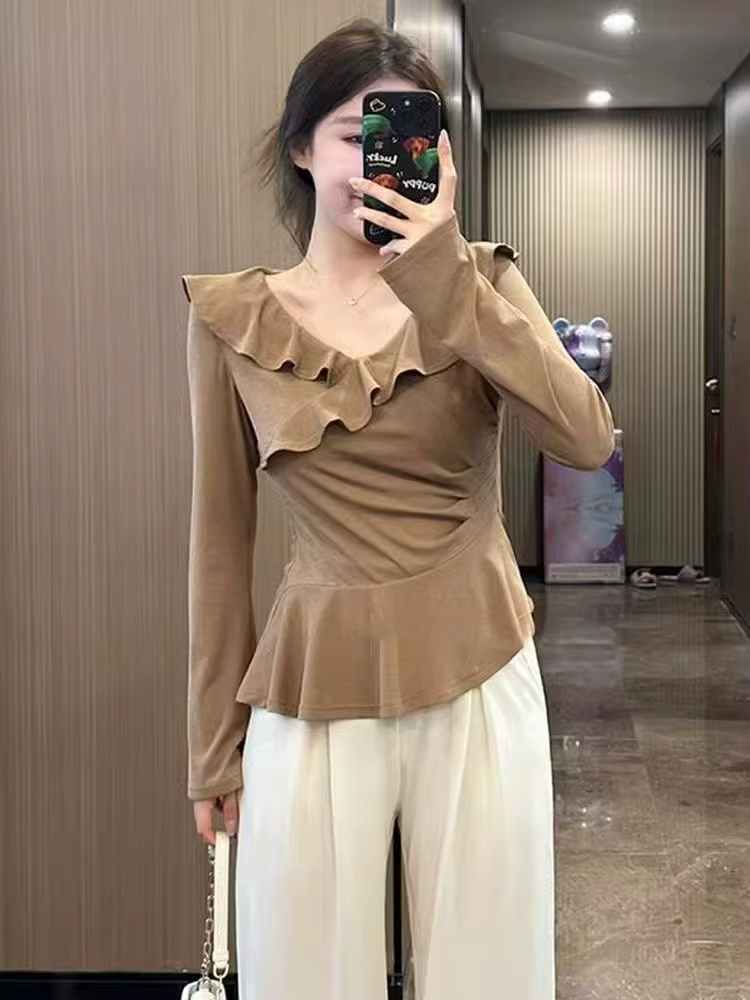 T-Shirt à manches longues et col en v pour femme