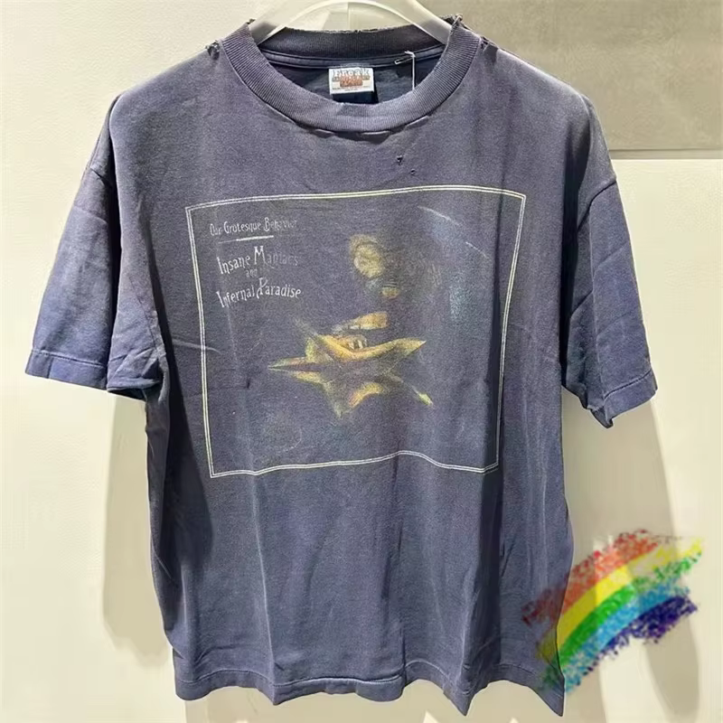 T-Shirt Bleu Délavé Vintage pour Homme et Femme, de Haute Qualité
