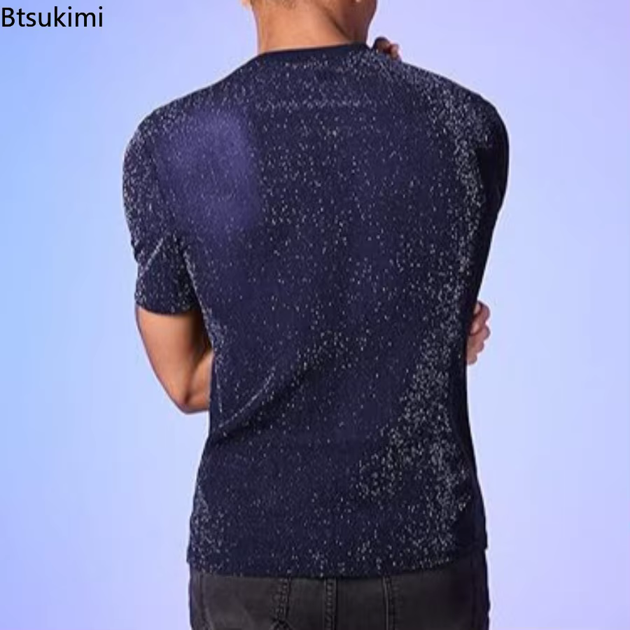 Hommes mode paillettes voir à travers T-Shirts été à manches courtes col rond décontracté hauts mâle Vintage brillant couleur unie mince T-shirt