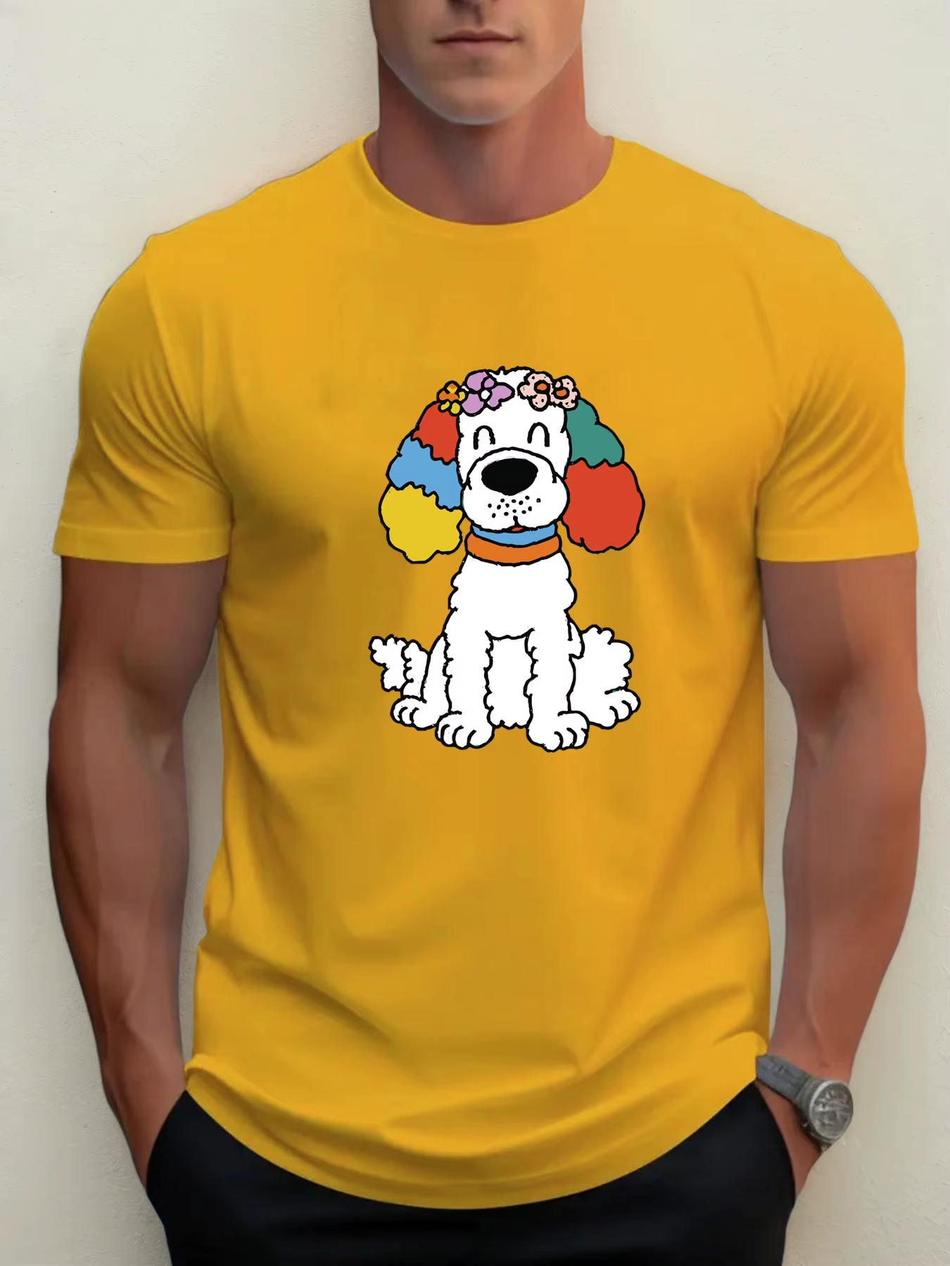 T-shirt pour hommes couleur oreilles chiot 100 % coton impression graphique été col rond
