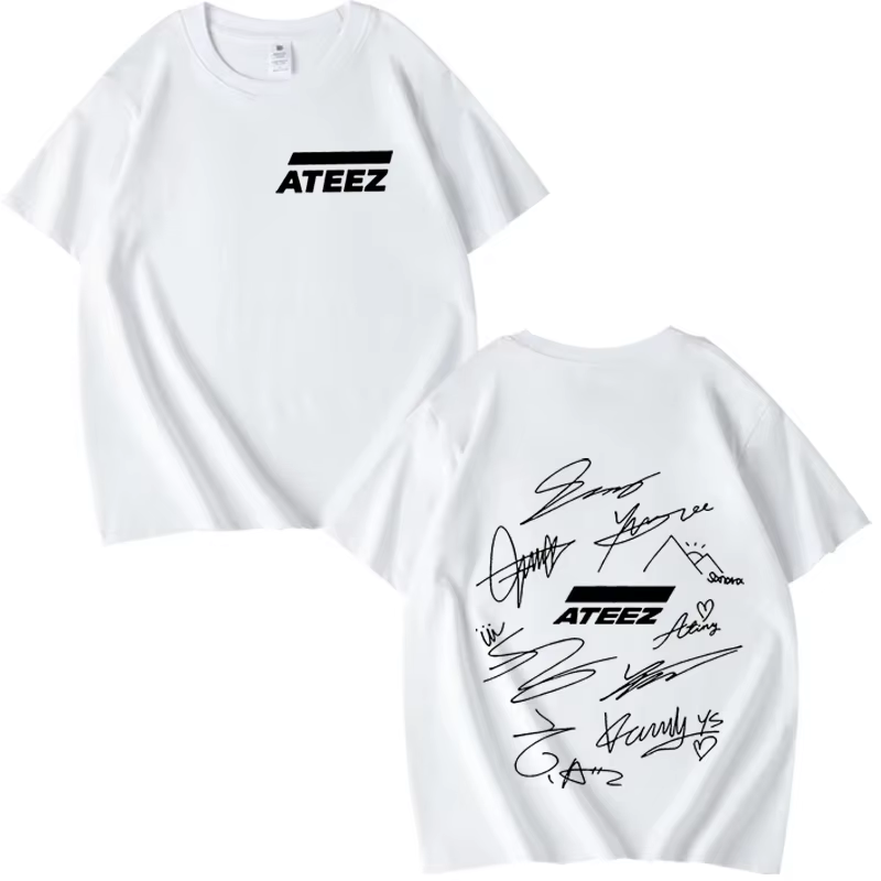 T-shirt ATEEZ World Tour avec signatures des membres du groupe et imprimé géométrique au dos