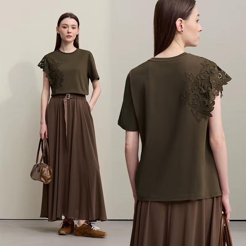 T-shirt Amii 2026 Nouvelle Collection Été Col Rond Coton Anti-Transpiration Dentelle Asymétrique Ample Manches Courtes Pour Femme 12642023