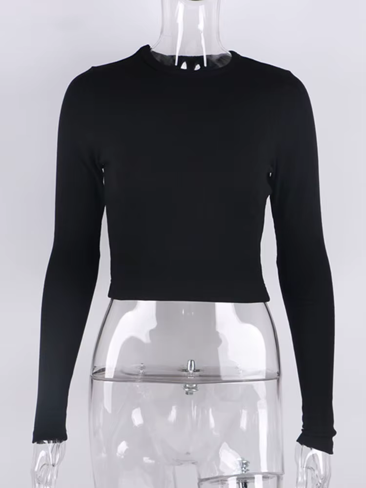 O cou à manches longues chemise femmes côtelé Sexy hauts courts 2025 printemps noir décontracté maigre mince basique femme t-shirts blanc