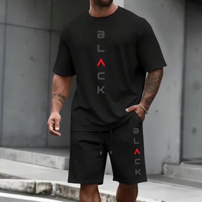 Ensemble T-shirt et short imprimé lettres noires pour homme – Tenue décontractée sportive d'été à manches courtes – Mode urbaine Streetwear
