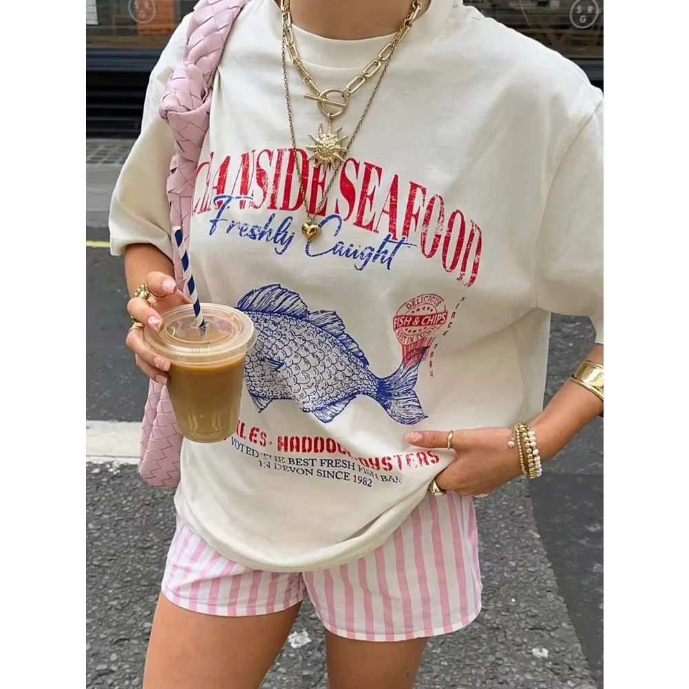 Fruits de mer graphique T-Shirt Grunge esthétique Streetwear t-shirts coton mode surdimensionné femmes Vintage