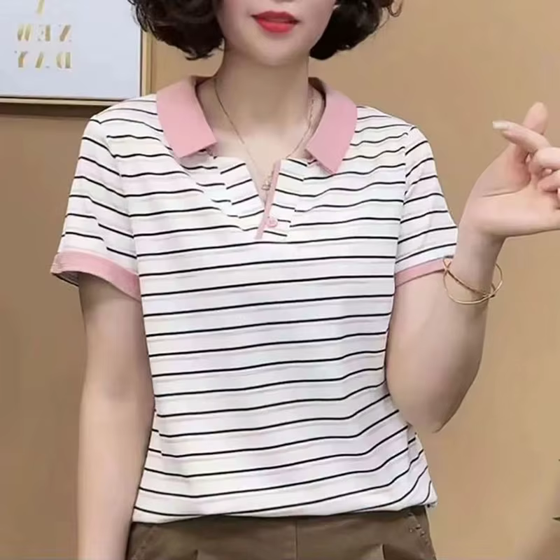 Nouveauté Été : Polo rayé à revers pour femme, coupe ample à manches courtes, style décontracté et polyvalent