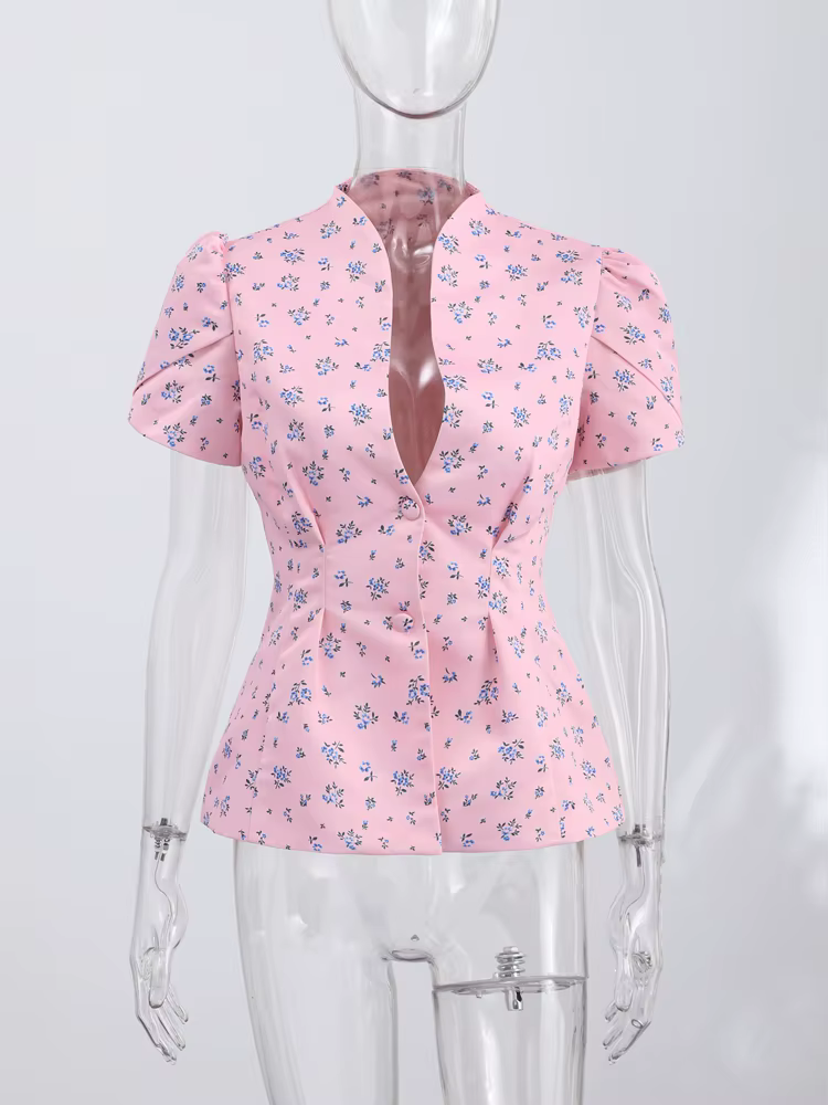 T-shirt Chic Femme Imprimé Manches Courtes Col V Boutonné Tunique Slim Top Féminin Été Streetwear 2026 Bureau