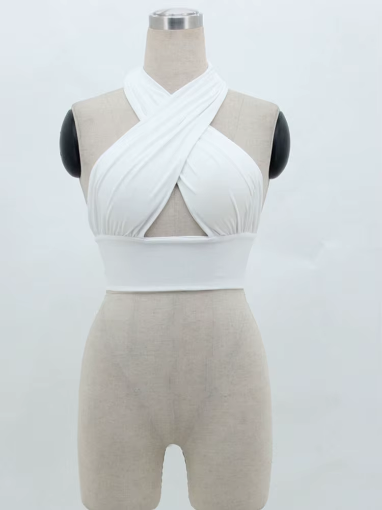 Femmes Strappy Cross Over Front Cut Out Halter Neck fibrBackless Crop Top Bandage glaSummer Sexy Y-Woman Vêtements S-XL