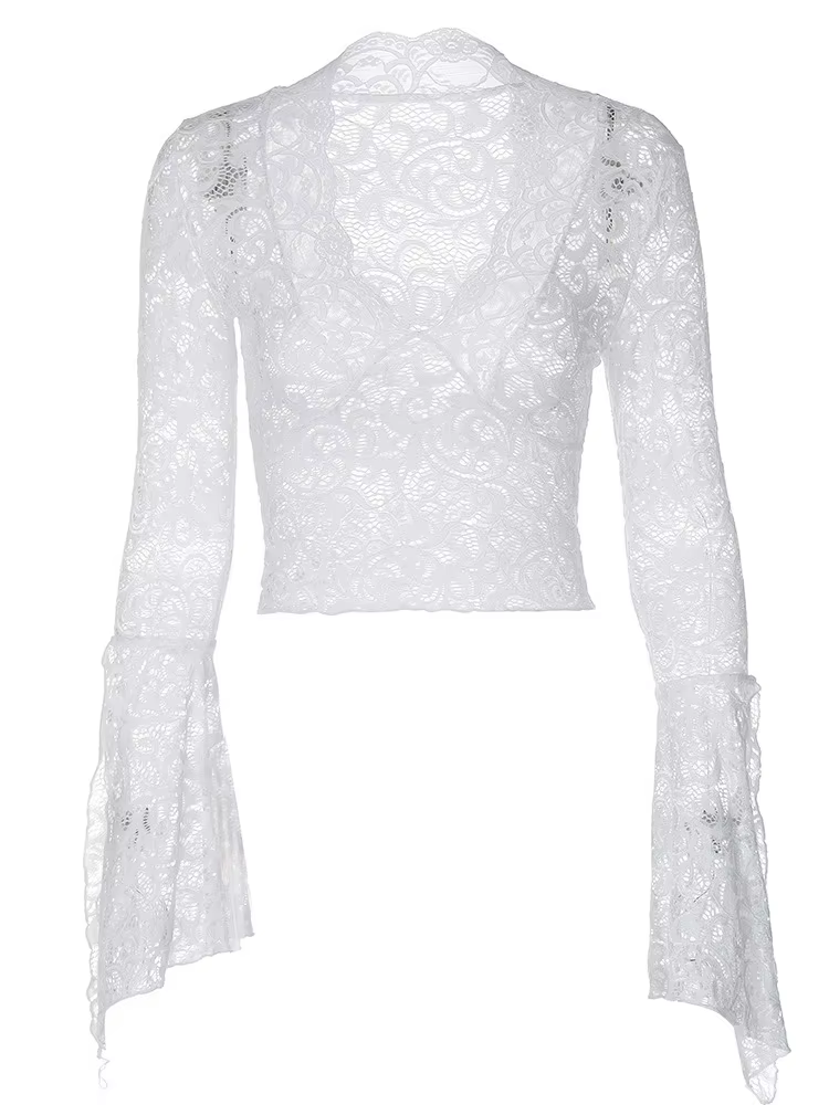 Haut sexy en dentelle à col en V profond Style de rue Longueur courte Bordure T-shirt à manches longues Respirant Confortable Mélange de nylon Tendance St...