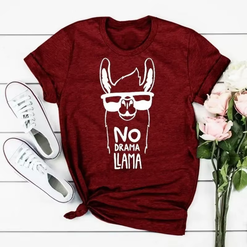 Pas de drame lama alpaga imprimé t-shirt femmes à manches courtes col rond