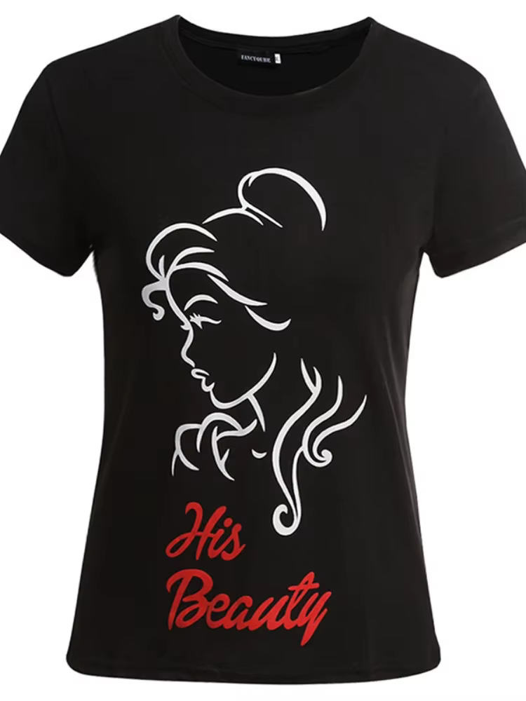 Sa beauté sa bête imprimer Couple t-shirt à manches courtes col rond ample roi reine