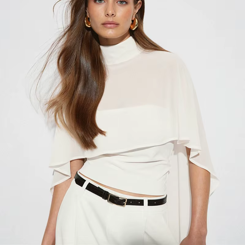 Élégant ensemble 2 pièces superposé pour femme : haut cape en mousseline à col montant et dos ajouré, manches cape transparentes et fluides, haut court ajusté, pour le quotidien et les soirées