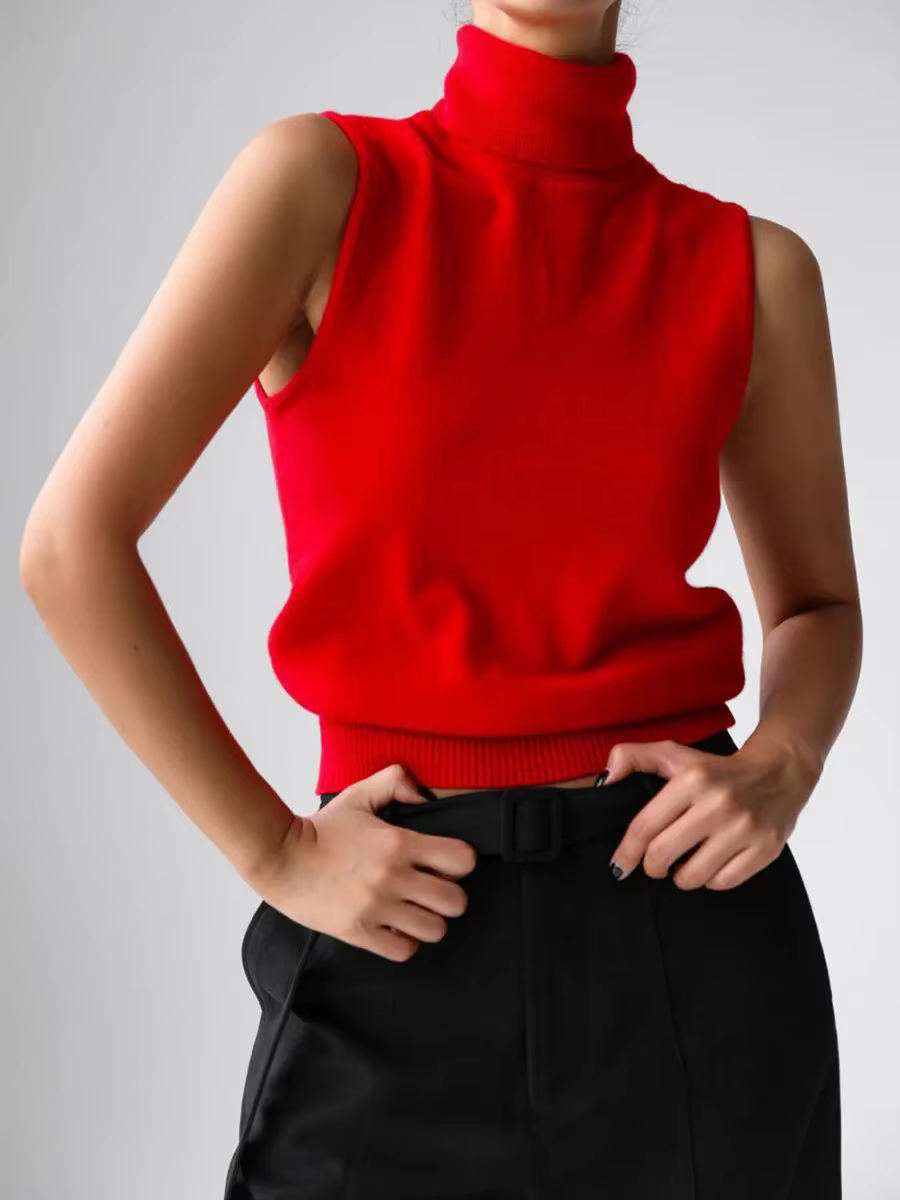 Nouveau débardeur en maille à col roulé sans manches pour femme