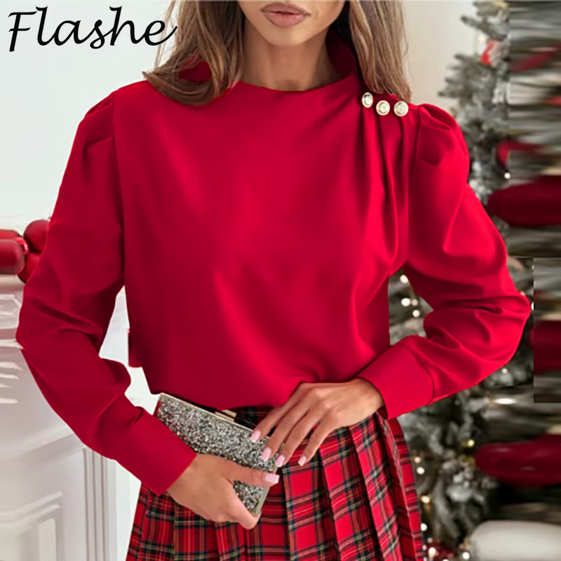 T-shirt Rouge à Manches sulfet Col Rond pour Femme