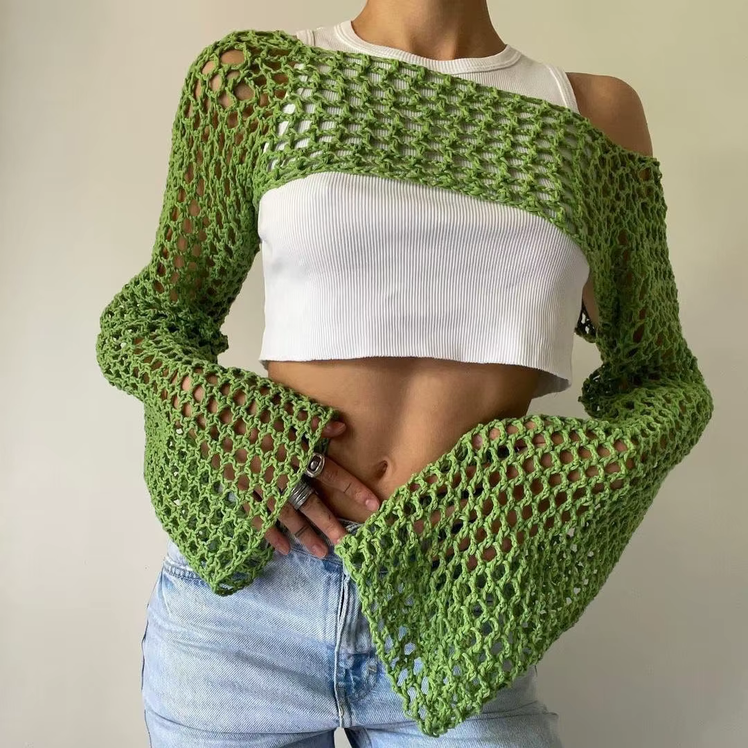 Haut court en crochet à manches longues pour femmes