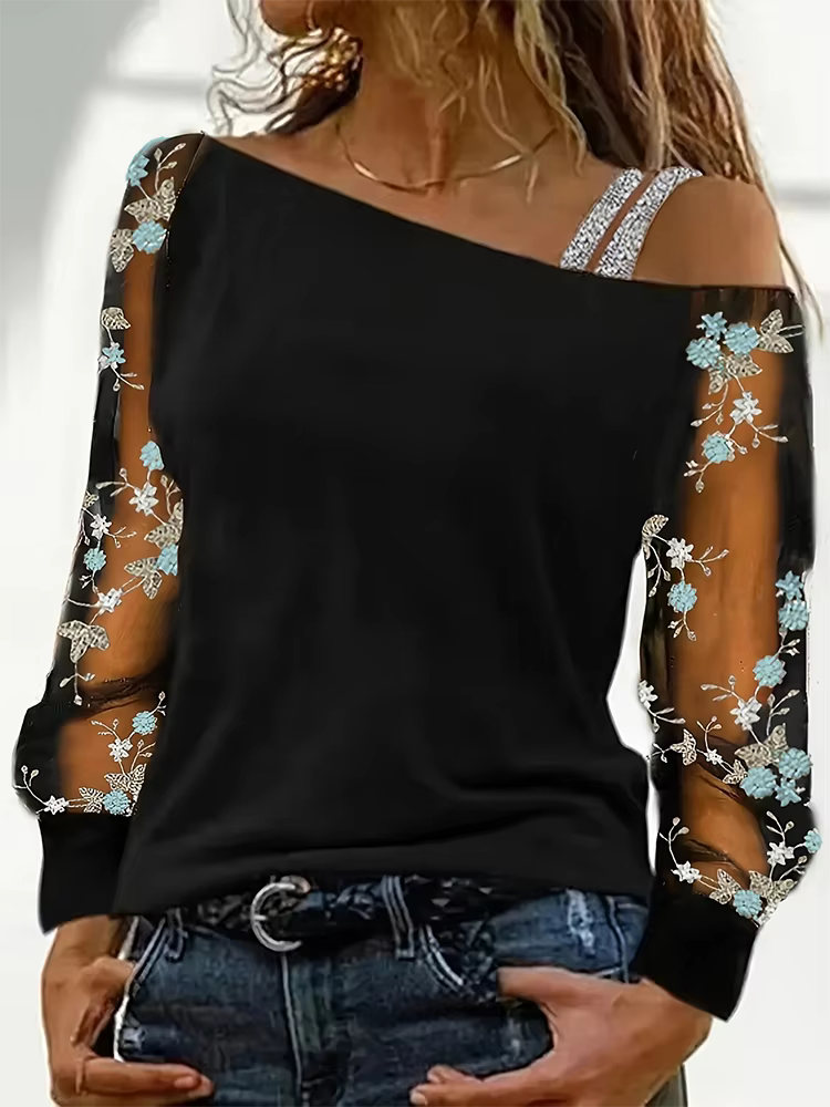 Sexy Off Shoulder Sloping Collar Long Sleeved Lace Printed Women's Top Daily Versatile Dating Parties Autumn Tops