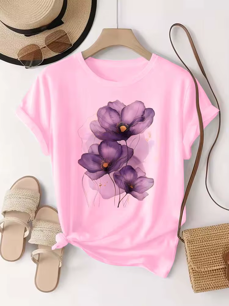 T-shirt femme violet aquarelle fleurs imprimé T petit haut filles Y2k vêtements été à manches courtes t-shirts