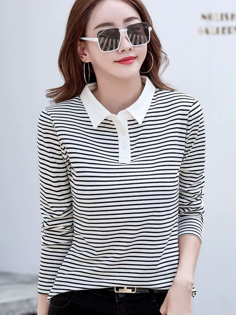 Nouveau Polo Femme Manches Longues Rayé Coton T-shirt Printemps Automne Mode Contraste Hauts Féminins Vêtements de Sport Golf