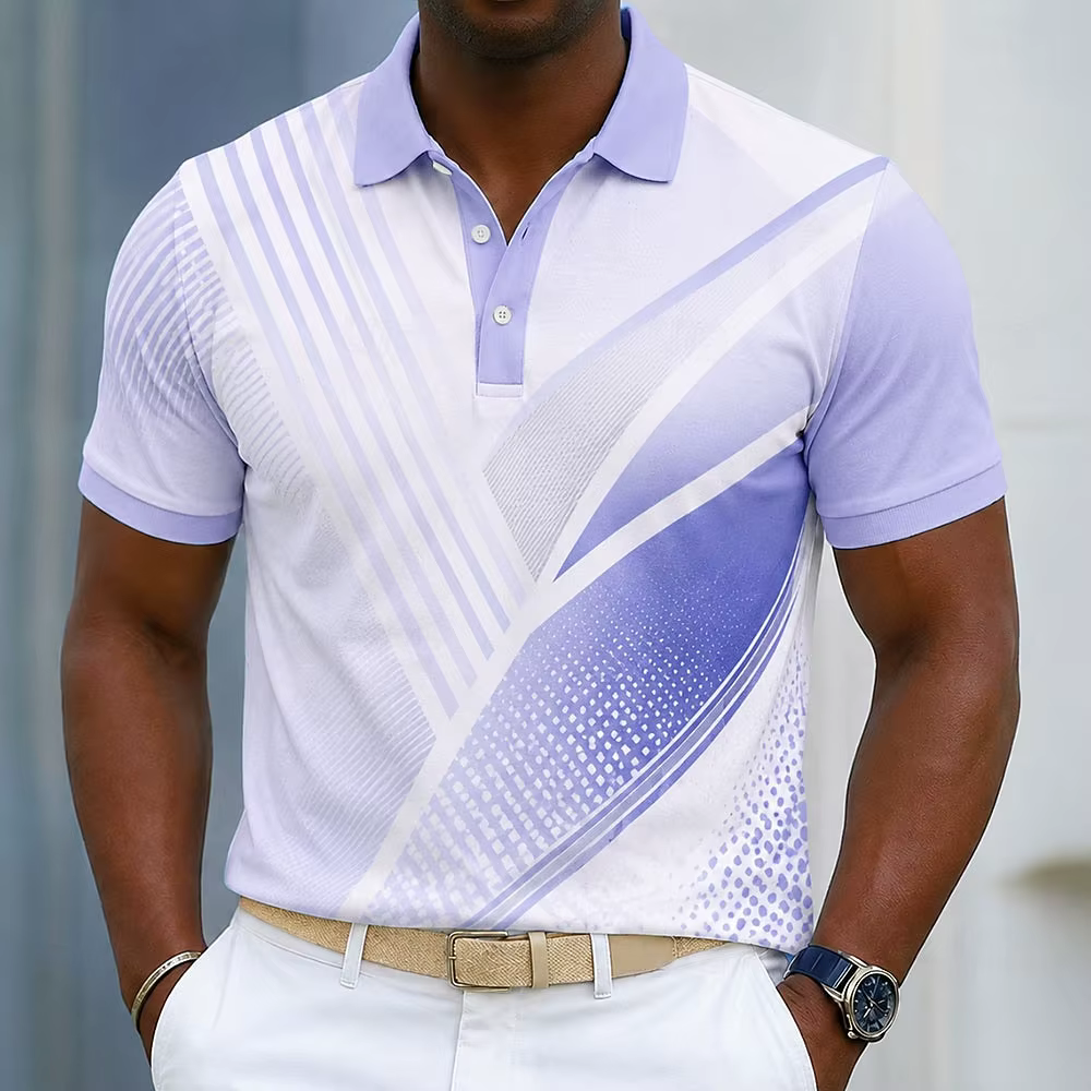 Polo pour homme vert clair à rayures diagonales blanches et imprimé à pois, hauts décontractés pour le printemps, l'été, le golf et les occasions quotidiennes
