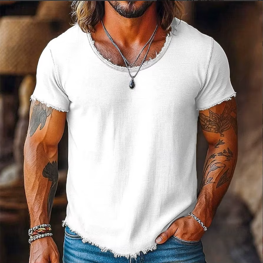 Nouveau T-shirt déchiré à col rond pour homme